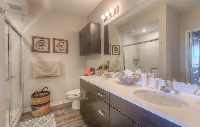 bathroom with dual sinks and walk in shower