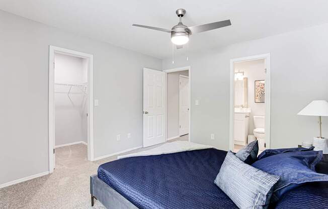 A bedroom with a bed, a ceiling fan, and a nightstand with a lamp.