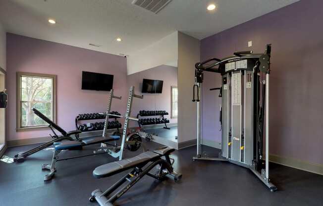 a home gym with weights and a tv on the wall at Autumn Park Apartments, Charlotte, NC, 28262