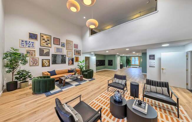 Lobby with seating and high ceilings