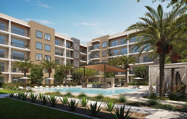 Soak up some sun at the resort-style pool and spa with spacious sundeck and cabanas at Modera Kierland in Scottsdale, AZ.