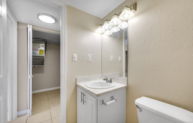 a bathroom with a sink and a mirror and a toilet