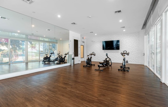 the home gym has treadmills and a television on the wall