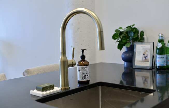 a kitchen sink with a gold faucet and a bottle of soap on it