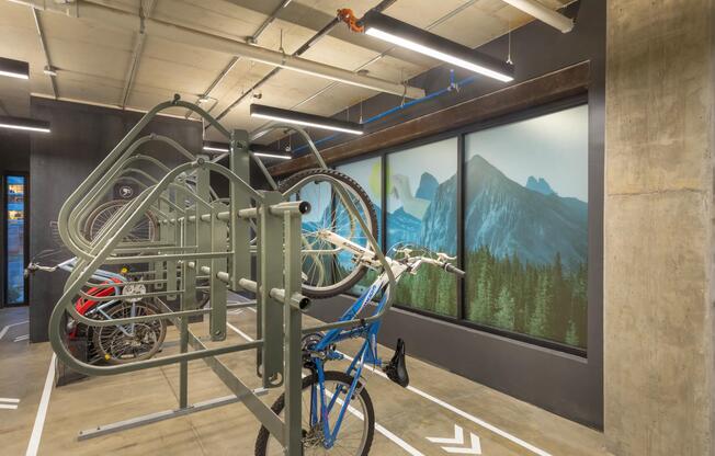 Controlled access bike room with storage racks.