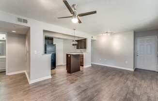 an open living room and kitchen with a ceiling fan