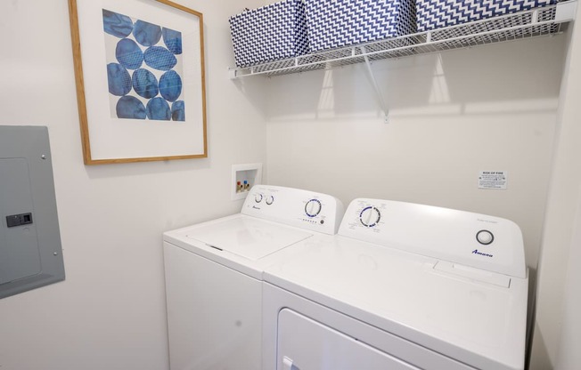 A white washing machine in a laundry room.