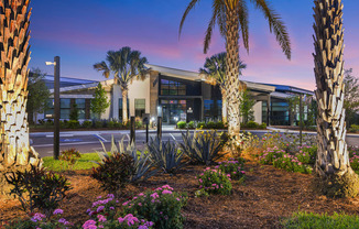 a building with palm trees in front of it