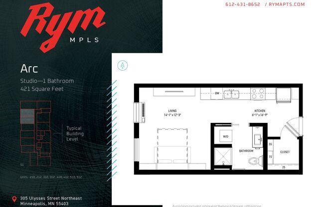 Studio, 1 bath, 421 sqft, $1,200, Unit 510