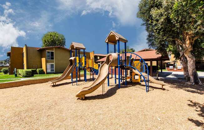 Community playground with slides and climbing bars