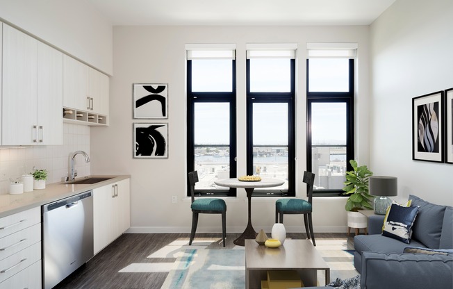 Light-filled apartment homes with galley kitchens and smart home packages.