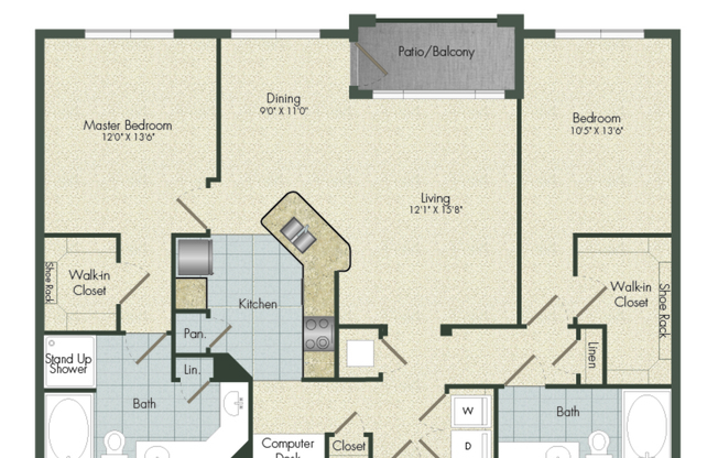 2 beds, 2 baths, 1,296 sqft, $1,742