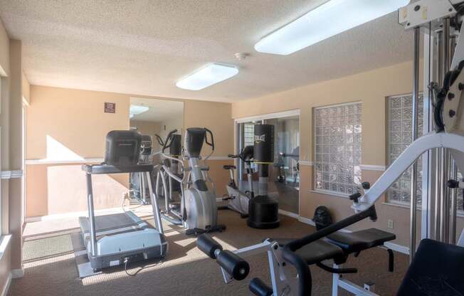 a gym with weights and cardio equipment at the village