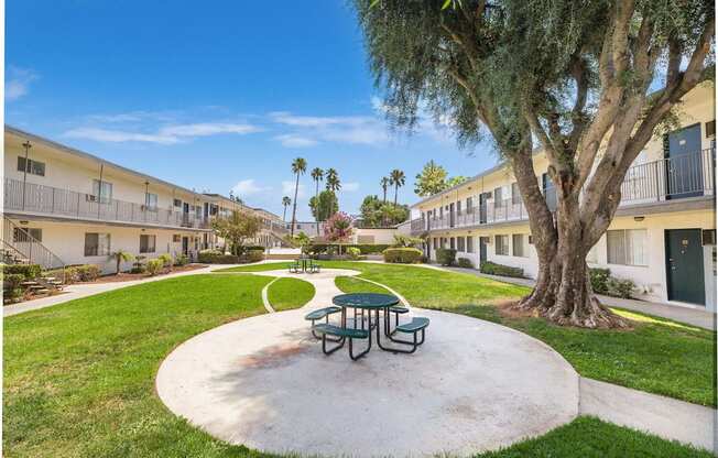 a park with a picnic table and a tree in a courtyard at Sunnymead Apts Apartments, California, 92553