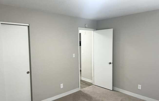 an empty room with two closets and a carpeted floor