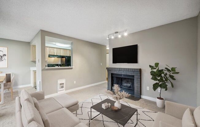 Model living room with fireplace