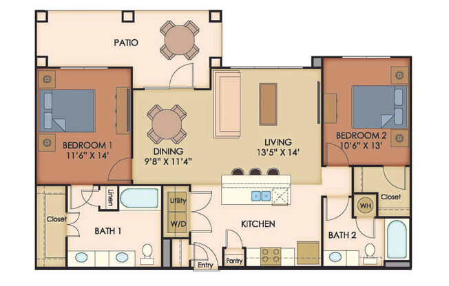 2 beds, 2 baths, 1,133 sqft, $1,323