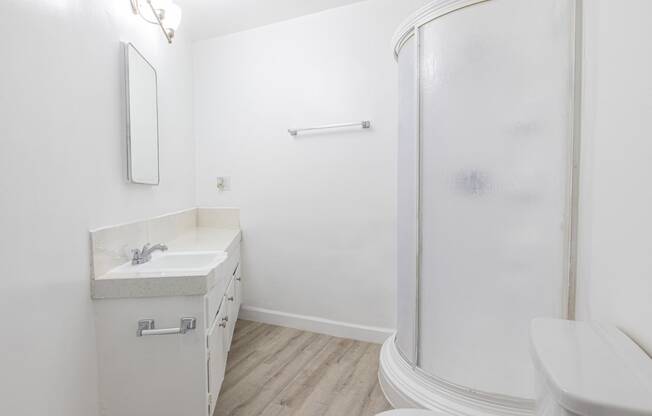 a bathroom with a shower and a sink and a toilet