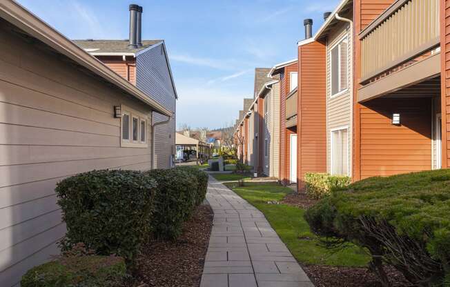 A paved pathway between two apartment buildings lined with bushes, green grass, and covered car parking in the distance.