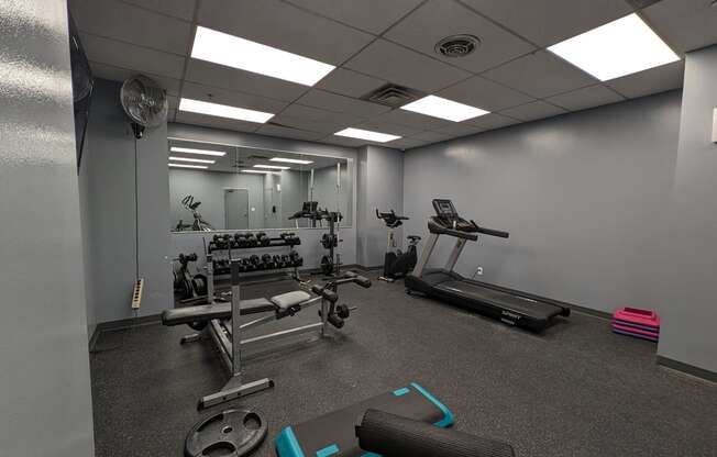 a gym with weights and other exercise equipment in a building