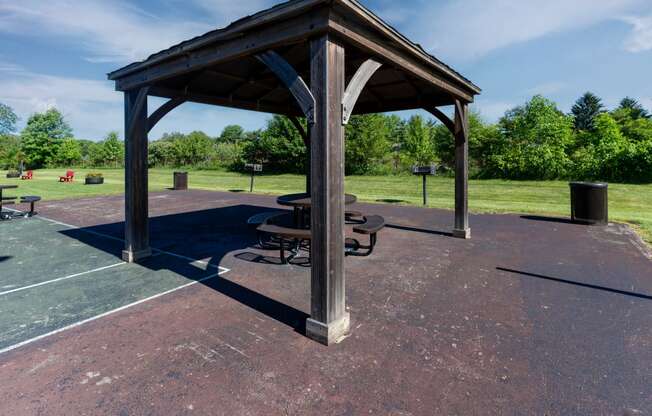 a pavilion with a picnic table in a park