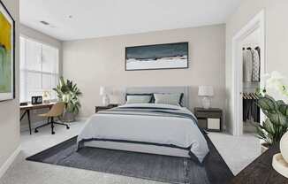 A bedroom with a large bed and a painting on the wall.