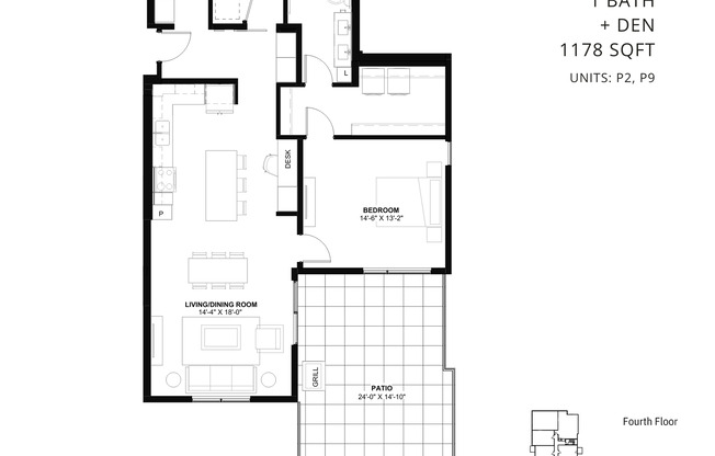 1 bed, 2 baths, 1,178 sqft, $2,795, Unit P9