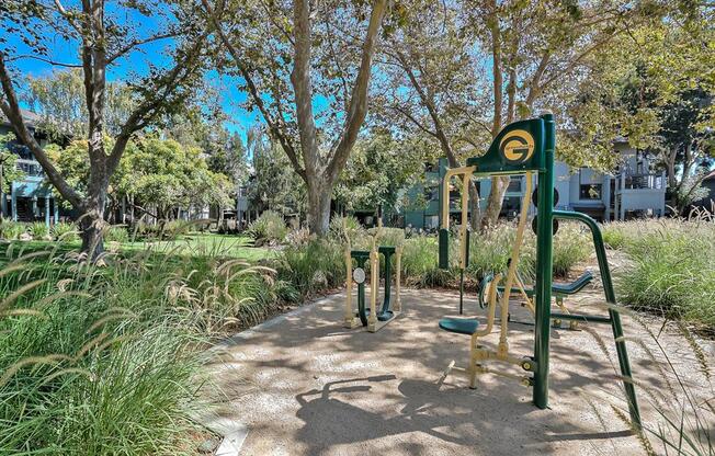Apartments For Rent In Hayward, CA - Outdoor Fitness Area With A Trail That Leads To Various Fitness Machines. The Path Has Trees And Maintained Landscape
