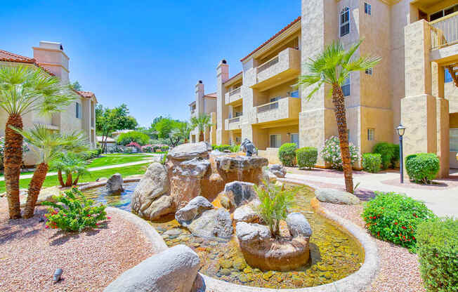 Huge courtyard fountain at Ventana Apartment Homes in Central Scottsdale, AZ, For Rent. Now leasing 1 and 2 bedroom apartments.