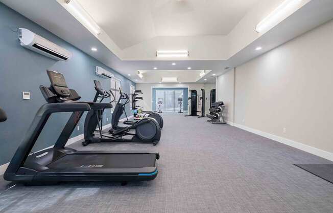 A spacious gym with treadmills and elliptical machines.