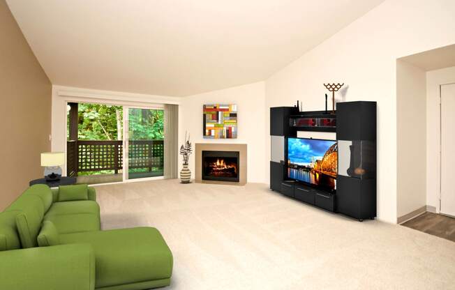 a living room with a green couch and a fireplace