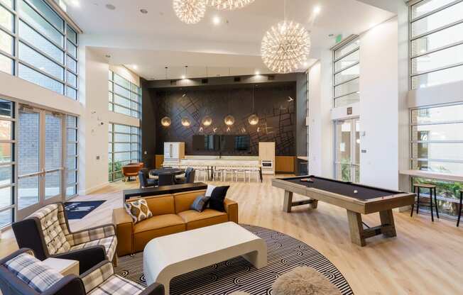 the preserve at gateway living room with billiards table