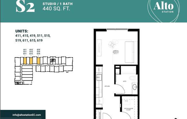 Studio, 1 bath, 440 sqft, $995, Unit 411