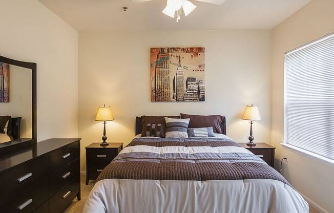Furnished Master Bedroom at Ultris Courthouse Square Apartments in Stafford, Virginia, VA