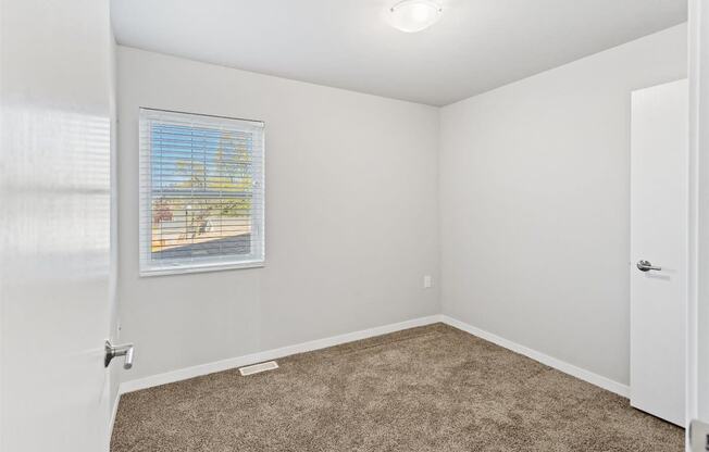 a carpeted bedroom with a window and overhead light