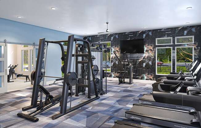 a gym with treadmills and weights in front of a wall with a tv