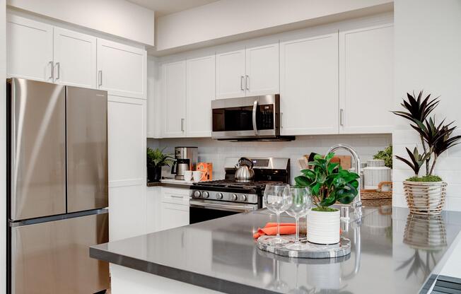 a kitchen with a dining table