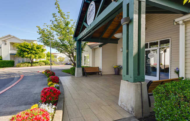 Community Clubhouse Front Entrance at Landings at Morrison Apartments located in Gresham, OR.