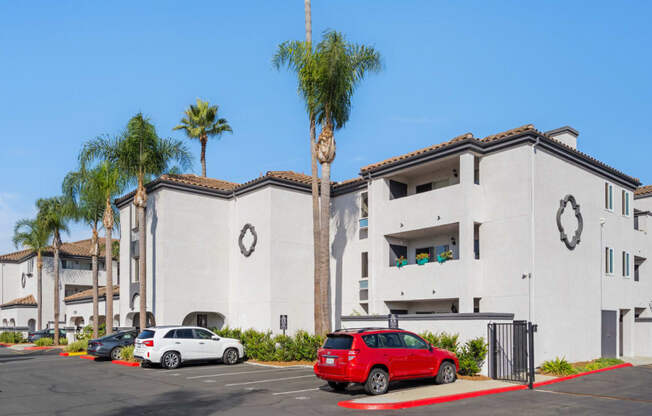 a white building with palm trees and cars parked in a parking lot