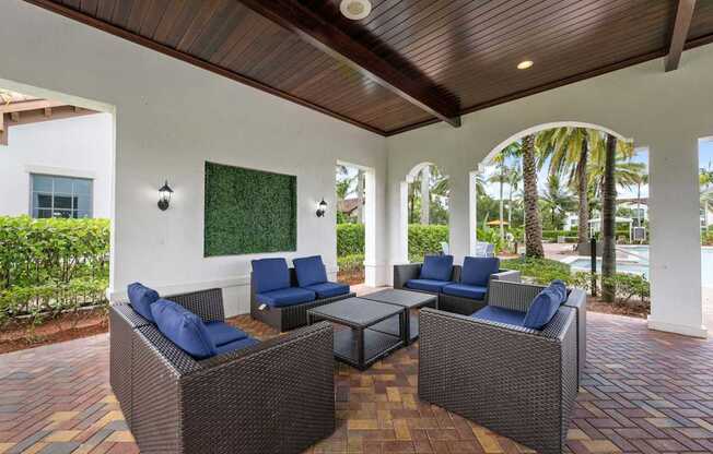 a covered patio with furniture and a pool in the background