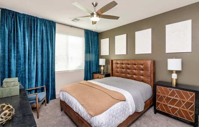 Bedroom with bed, cupboard with bedlamps at Zaterra Luxury Apartments, Chandler, Arizona