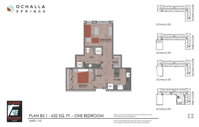 1 bed, 1 bath, 632 sqft, $1,495, Unit 115