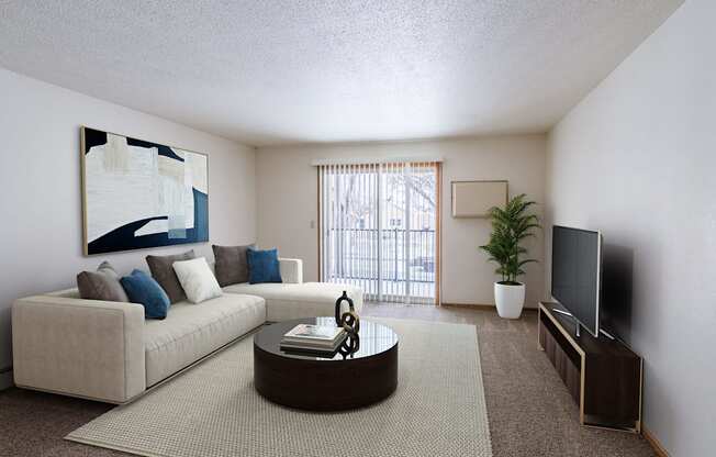 a living room with a couch and a coffee table. Fargo, ND Schrock Apartments