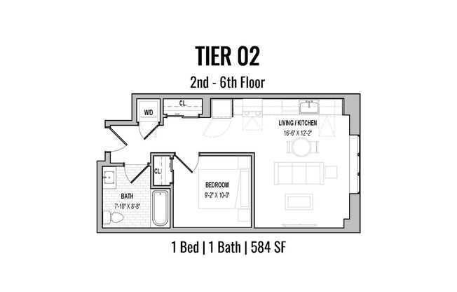1 bed, 1 bath, 584 sqft, $2,199, Unit 502