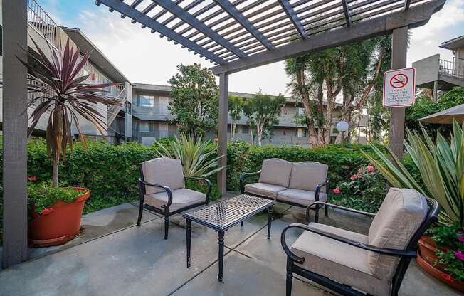 A patio with a table and chairs and a no smoking sign.