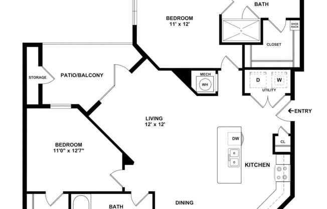 2 beds, 2 baths, 1,005 sqft, $1,501