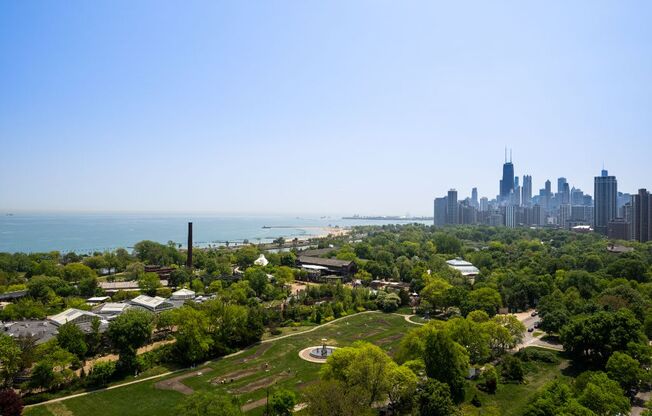 an aerial view of the city and the lake  at The Belden Stratford, Illinois