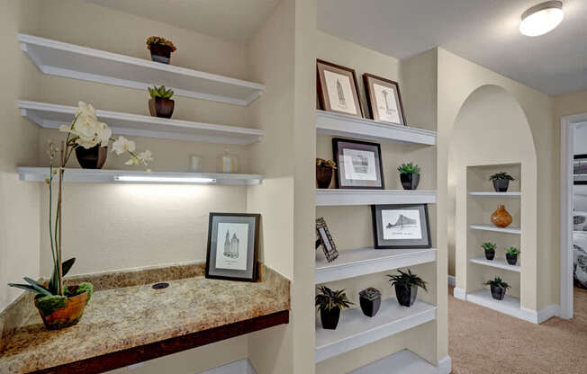A built-in workspace and display area here at Tuscany at Faudree featuring a granite-style countertop with open shelving above and accent lighting. Nearby recessed wall shelves showcase framed artwork and greenery, while an arched hallway and plush carpet create a functional transition space with added storage and visual interest.