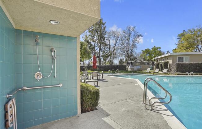 Outdoor shower at Parkside Apartments, Davis, 95616