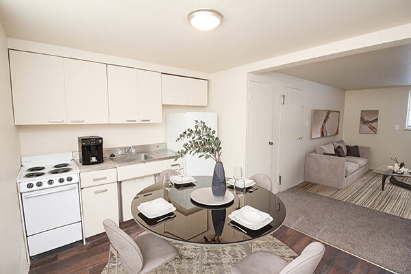 open floor plan with a kitchen and living room